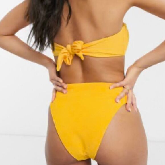 Abercrombie Yellow Ribbed Knot Bandeau Bikini Set XL Top L High Cheeky Bottom - Picture 15 of 16